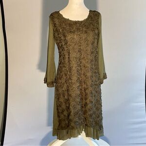 Adorn Small Olive Green Rosette Front Long Sleeve Ruffled Dress Scoop Neckline